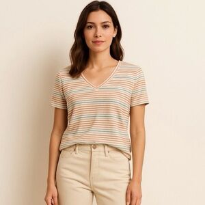 Talbots Petite Linen‎ Cotton Striped V-Neck Tee Multicolor Lightweight LP